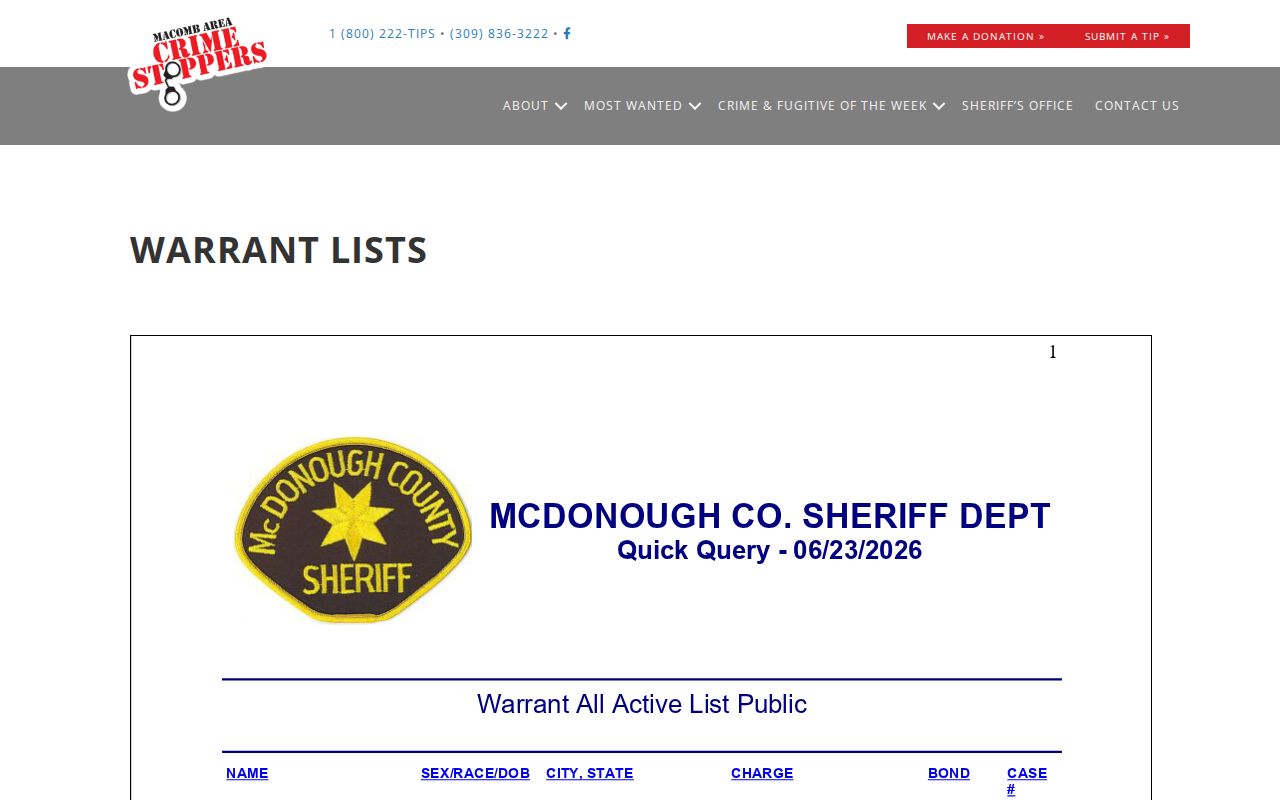McDonough County arrest history active warrant list