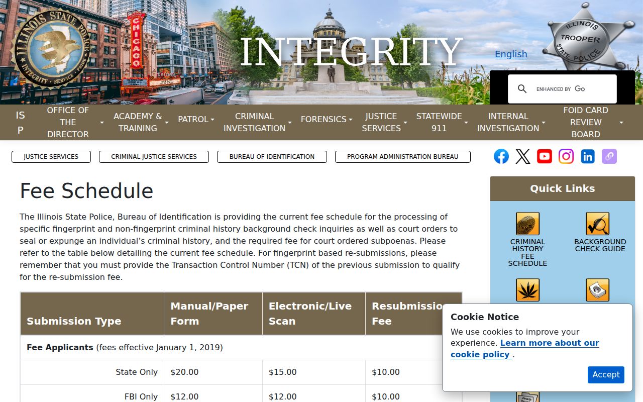 McDonough County criminal history official ISP fee schedule